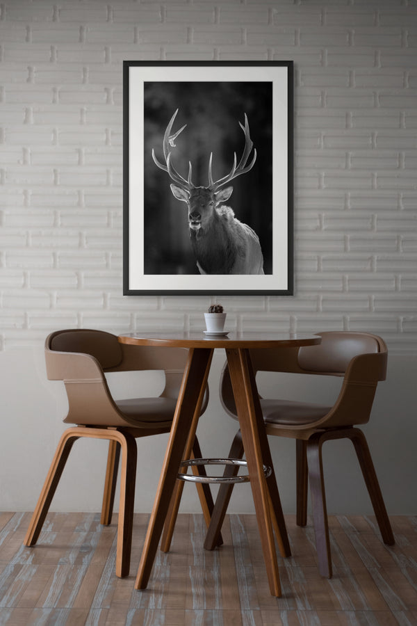 Dining area with a table and chairs, and a framed black and white deer print on the wall.