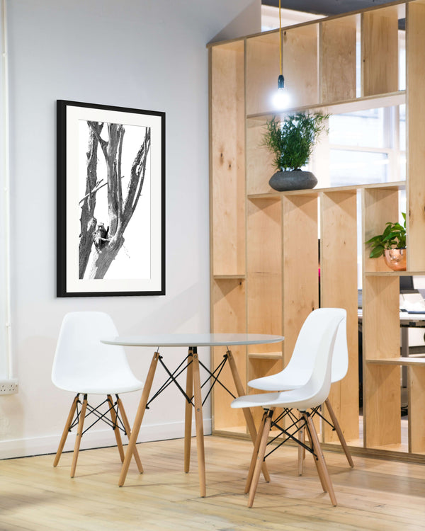 Modern dining area with white chairs, wooden table, and light wood wall paneling.
